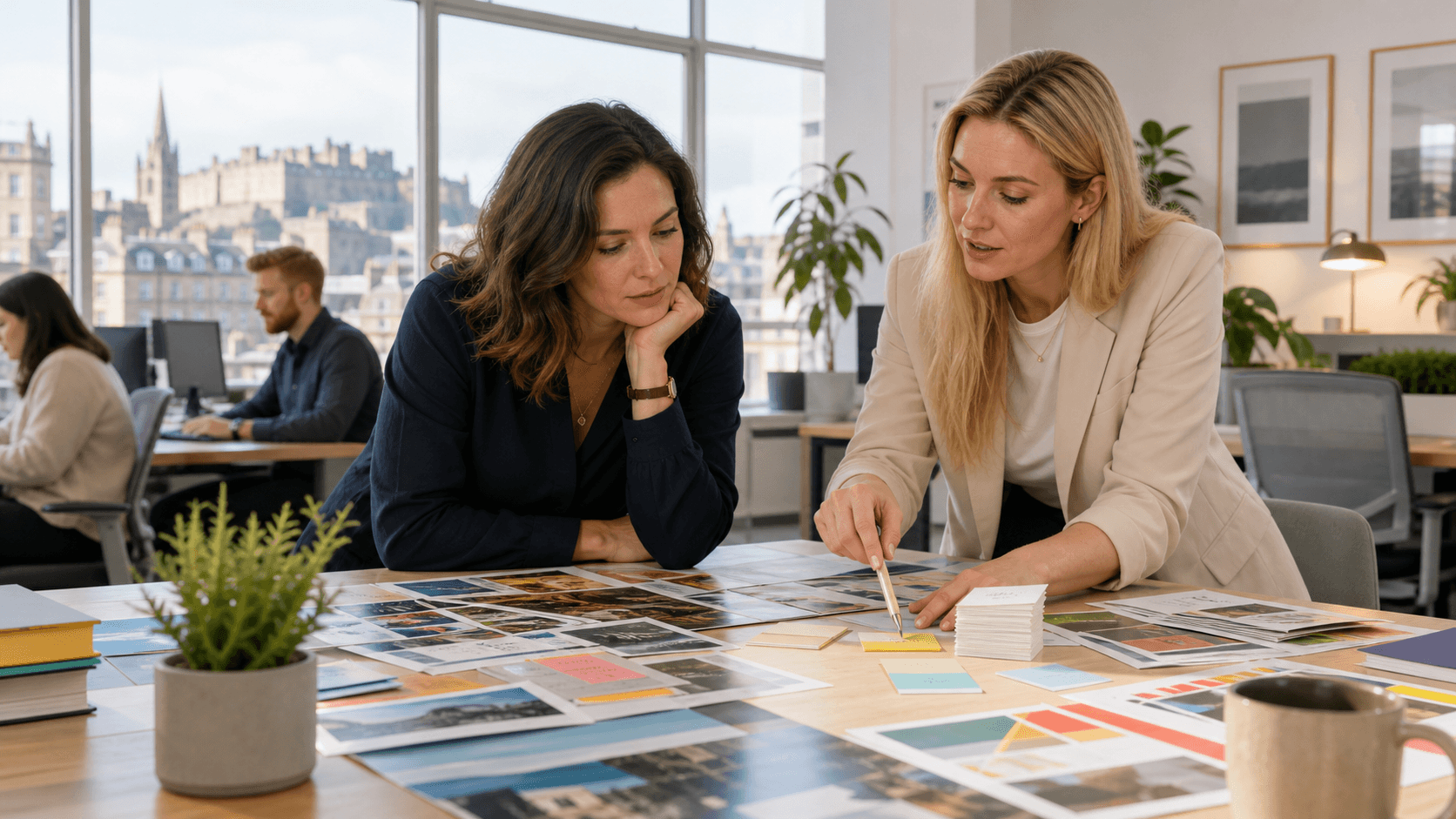 Abstract blue and orange marketing dashboard with scattered charts, icons, and a stalled enquiry funnel.